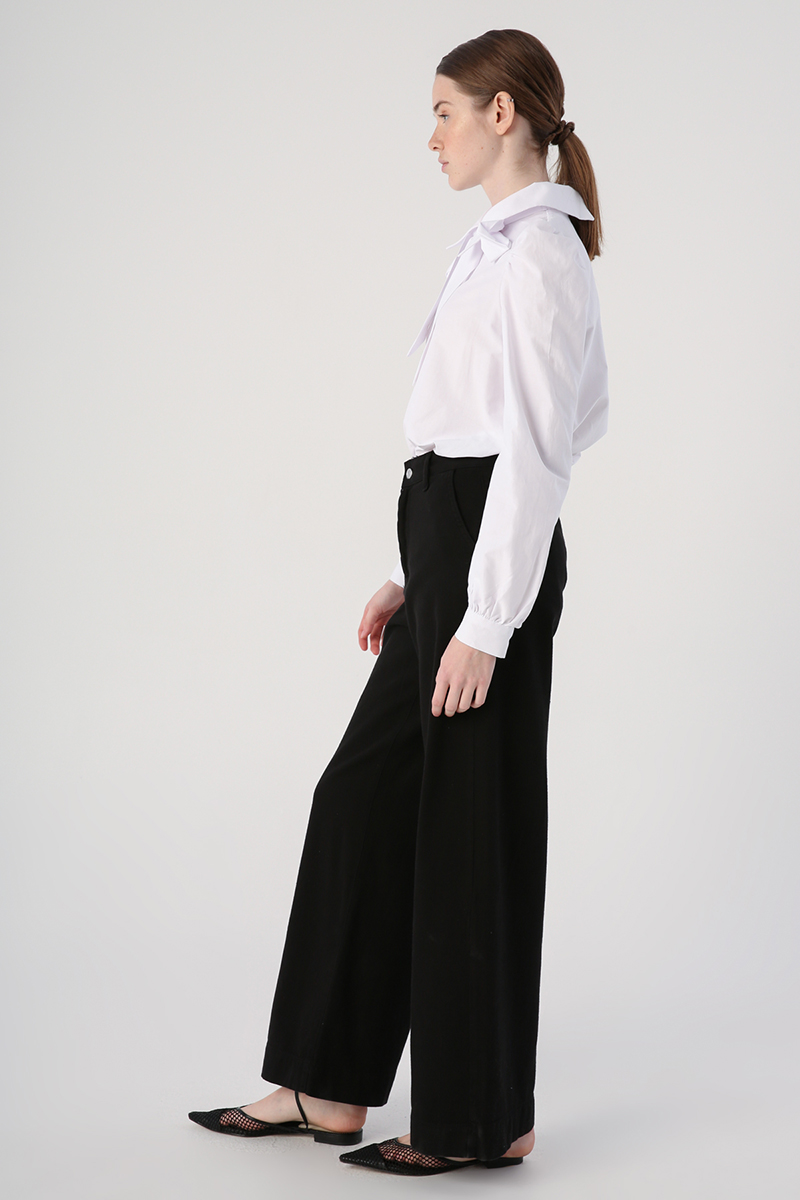 Black 100% Cotton Wide Leg Pocketed Trousers Fiyatı