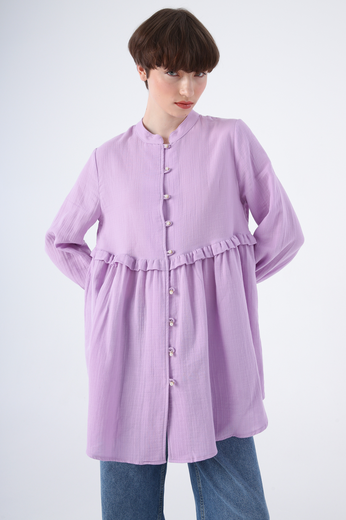 100% Cotton Judge Collar Sleeves Pleated Frill Detailed Shirt Tunic