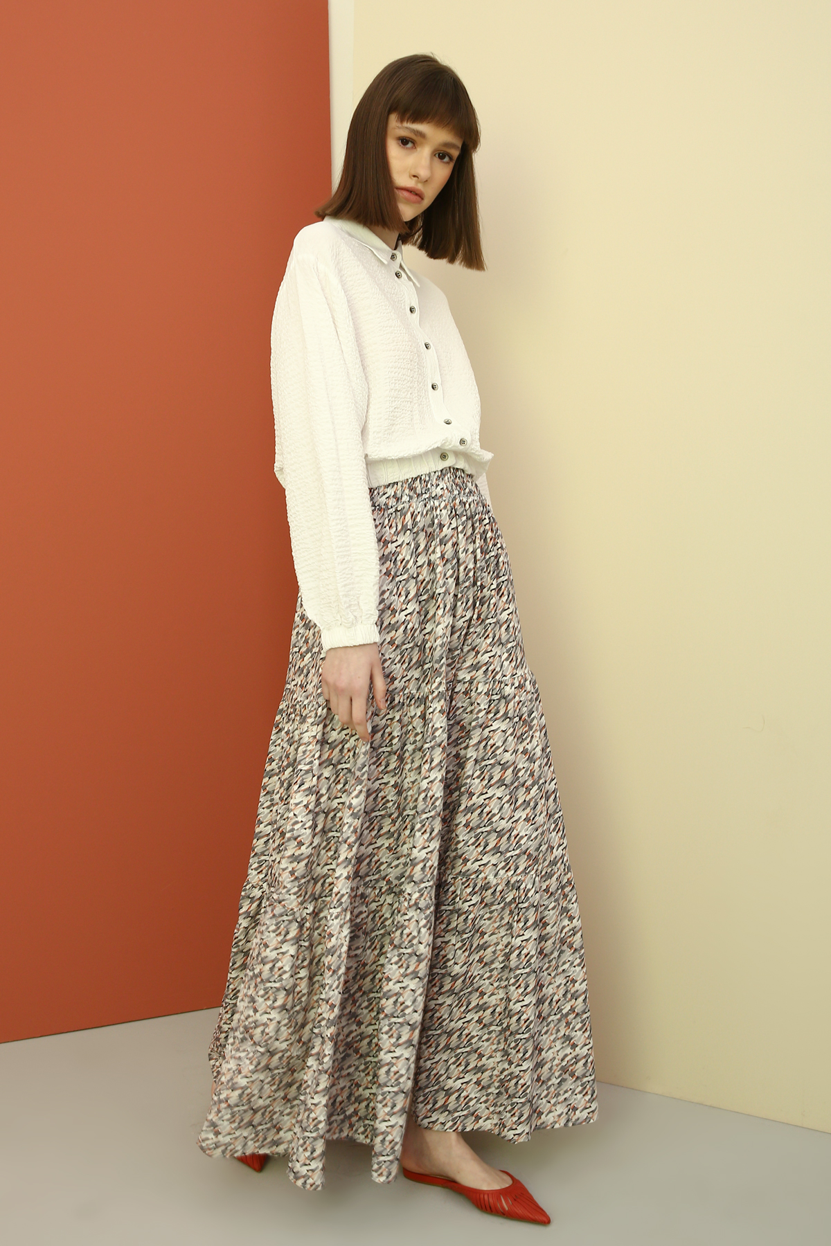 100% Cotton Elastic Waist Fİgured Skirt