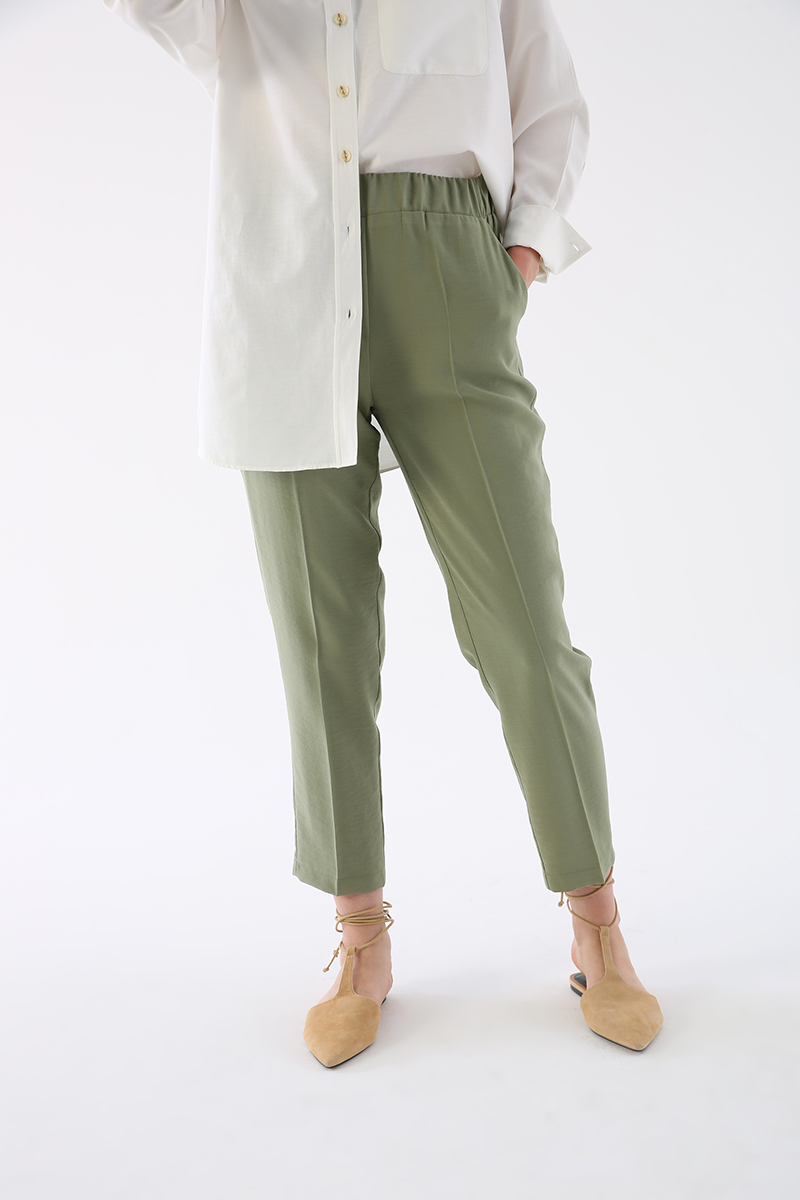 Almond Green Elastic Waist Pull-on Pants Fiyatı