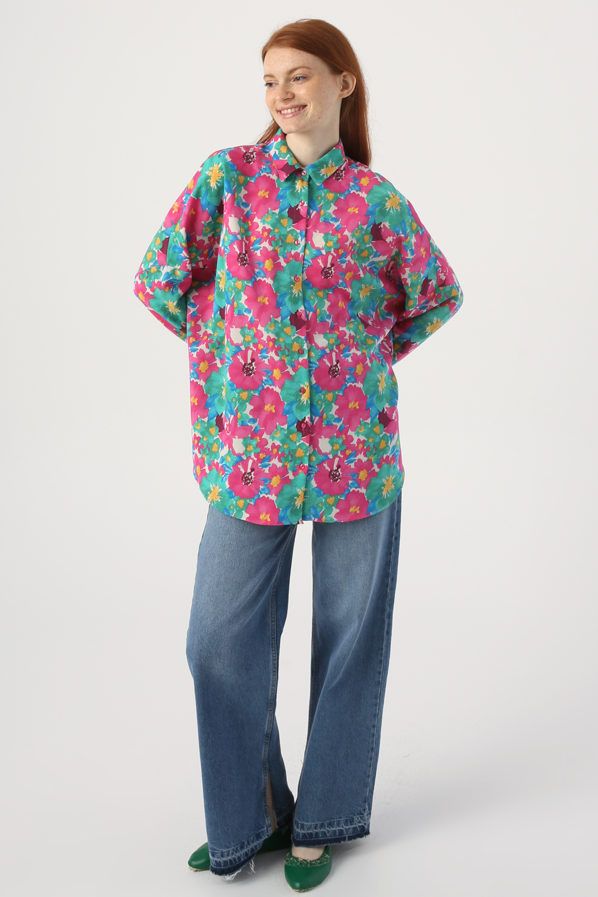 Flower Figured Viscose Linen Shirt Tunic