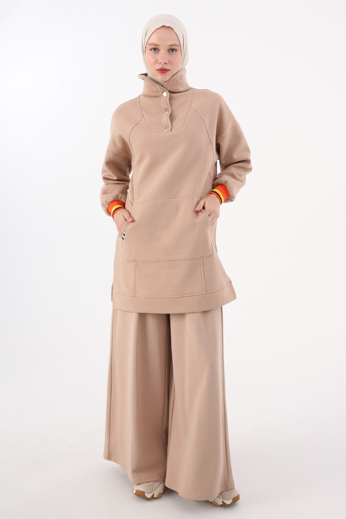 Ribbed Detailed Shirting Sweat Tunic with Snap Collar