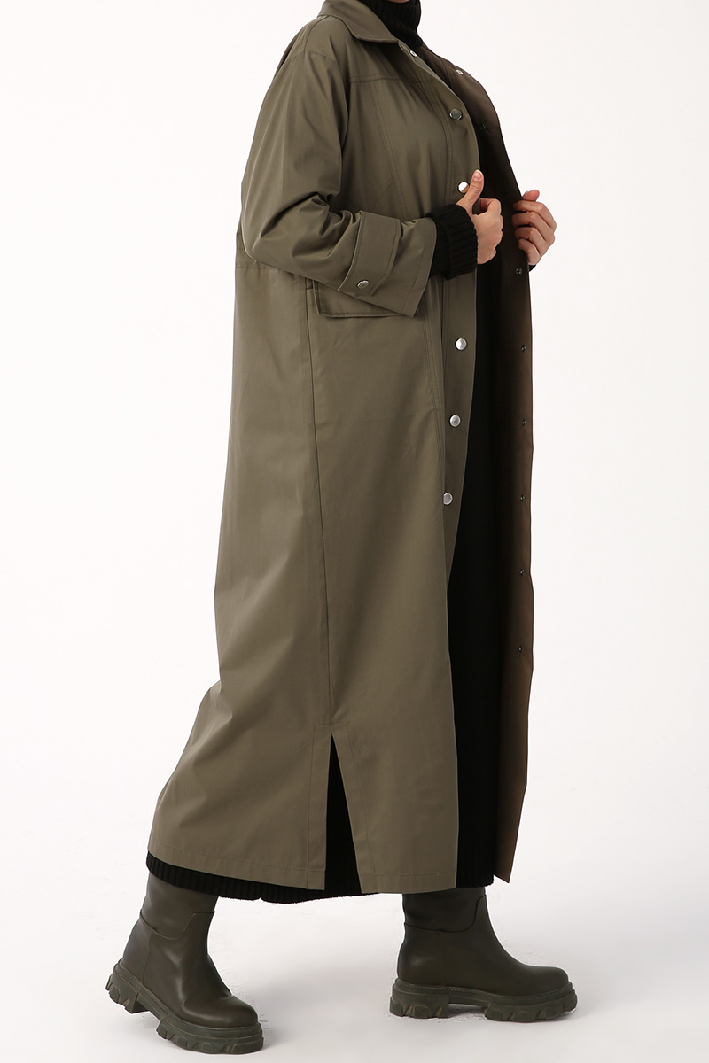 Khaki Shirred Waist Snap Button Maxi Trench Coat Fiyatı