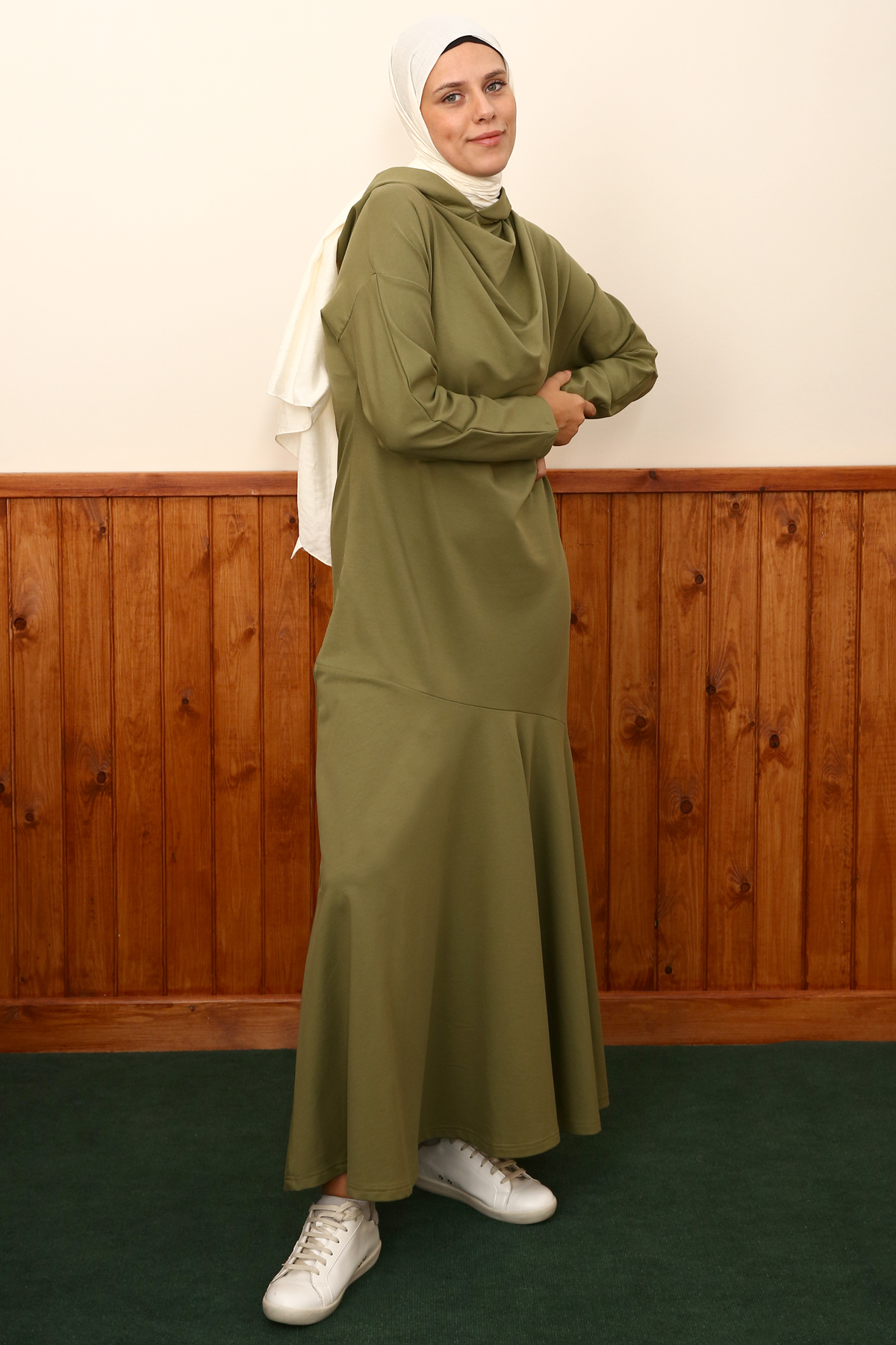 Cowl Neck Long Sleeve Hooded Dress 
