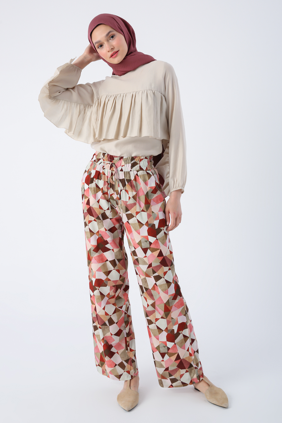 Patterned Elastic Waist Comfortable Fit Viscose Trousers