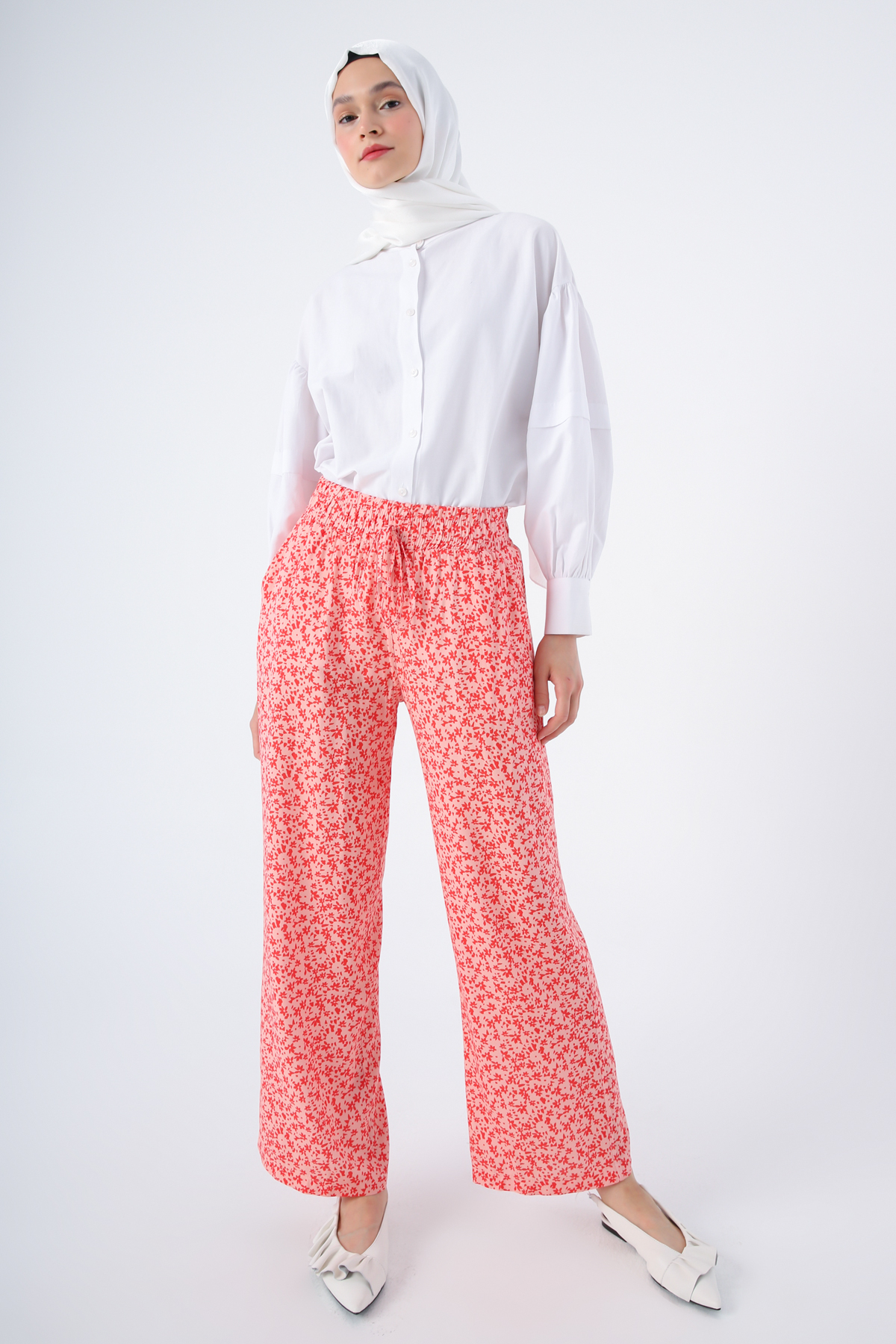 Patterned Elastic Waist Comfortable Fit Viscose Trousers