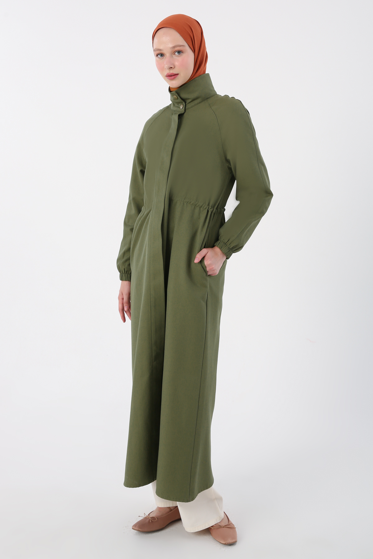 Zippered Waist Pleated Pocket Abaya