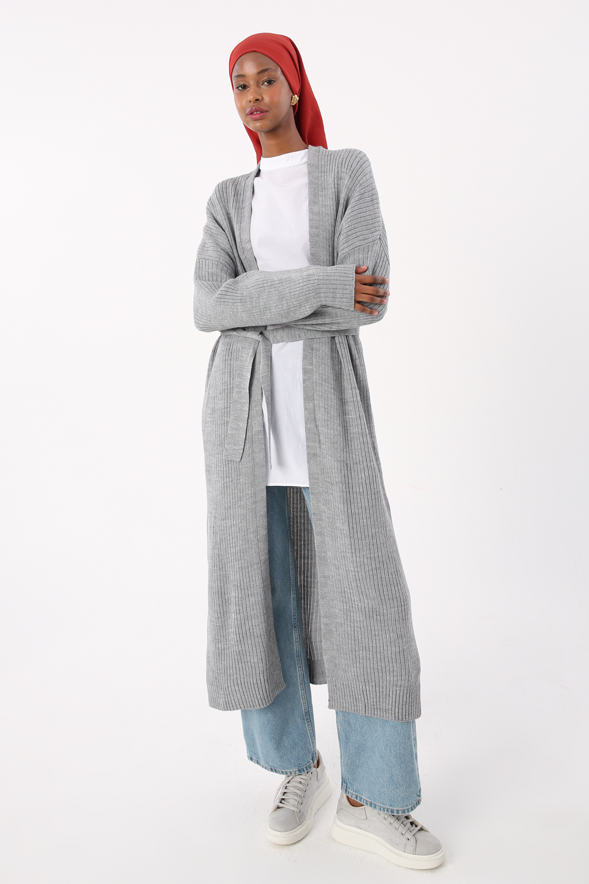Long Knitwear Cardigan with Ribbed Belted