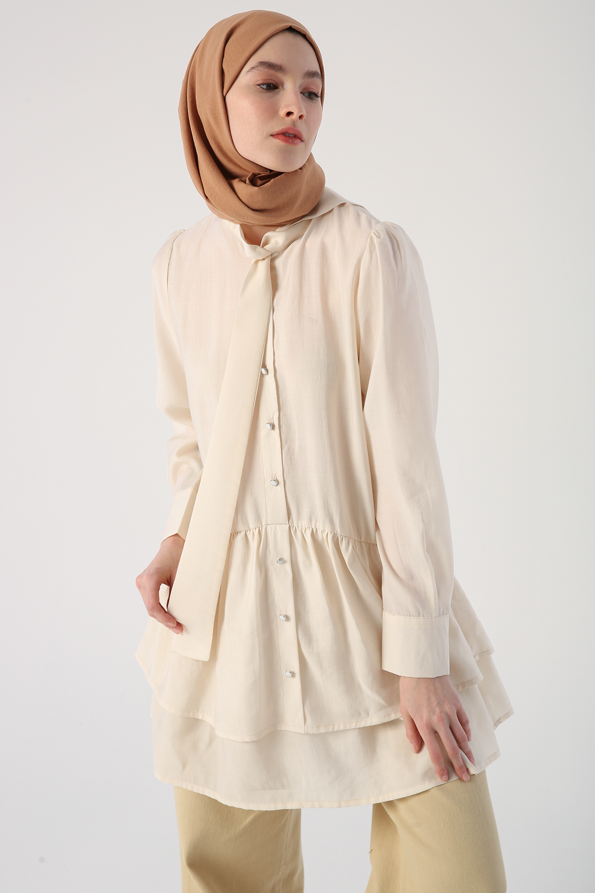 Scarf Collar Frilly Buttoned Tunic