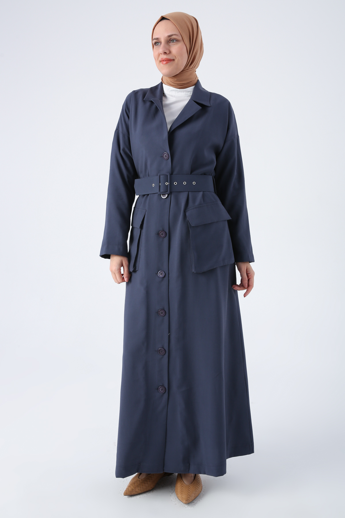 Belted Jacket Collar Buttoned Abaya