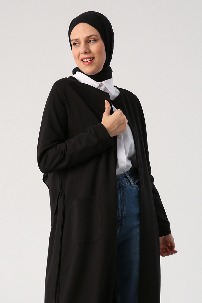 Long black belted on sale cardigan