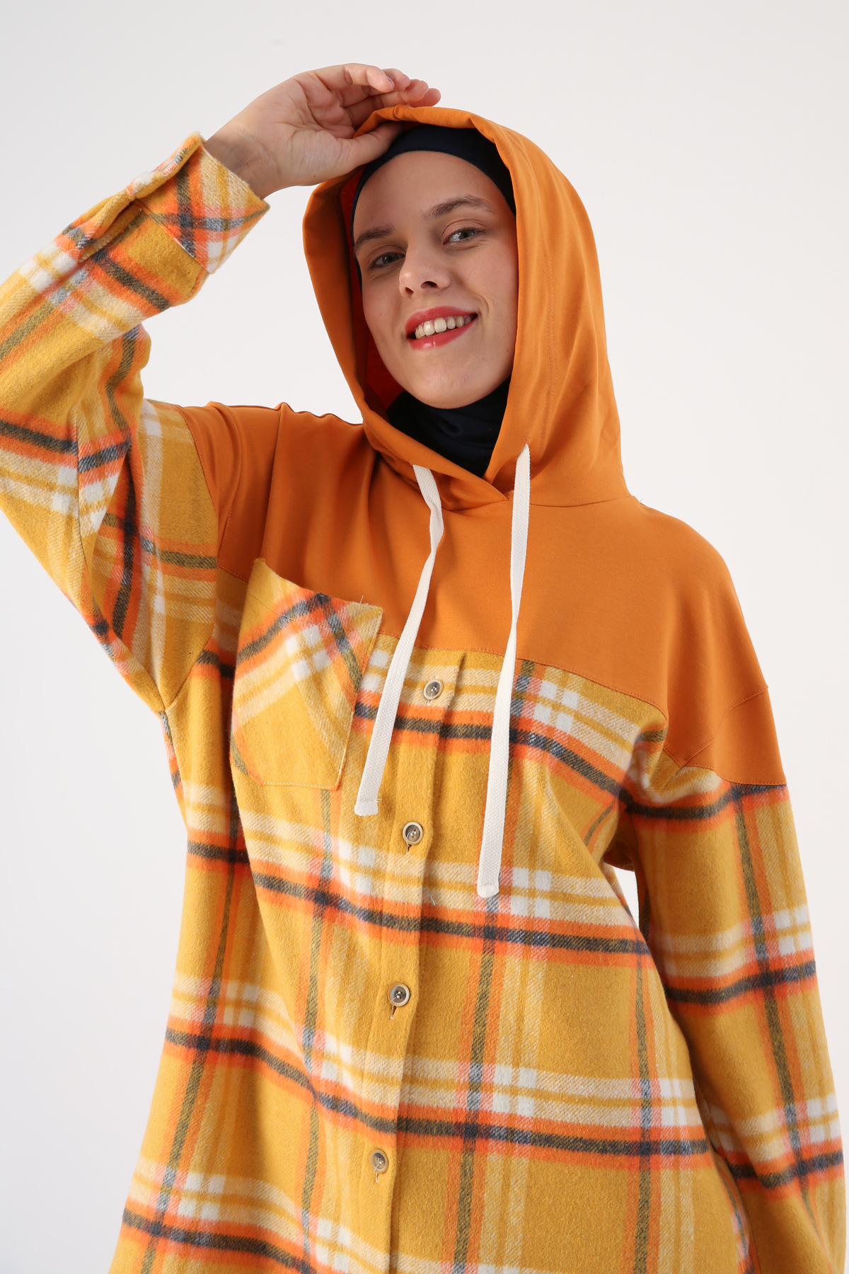 Oversize Lumberjack Knitted Garnish Plaid Hooded Tunic