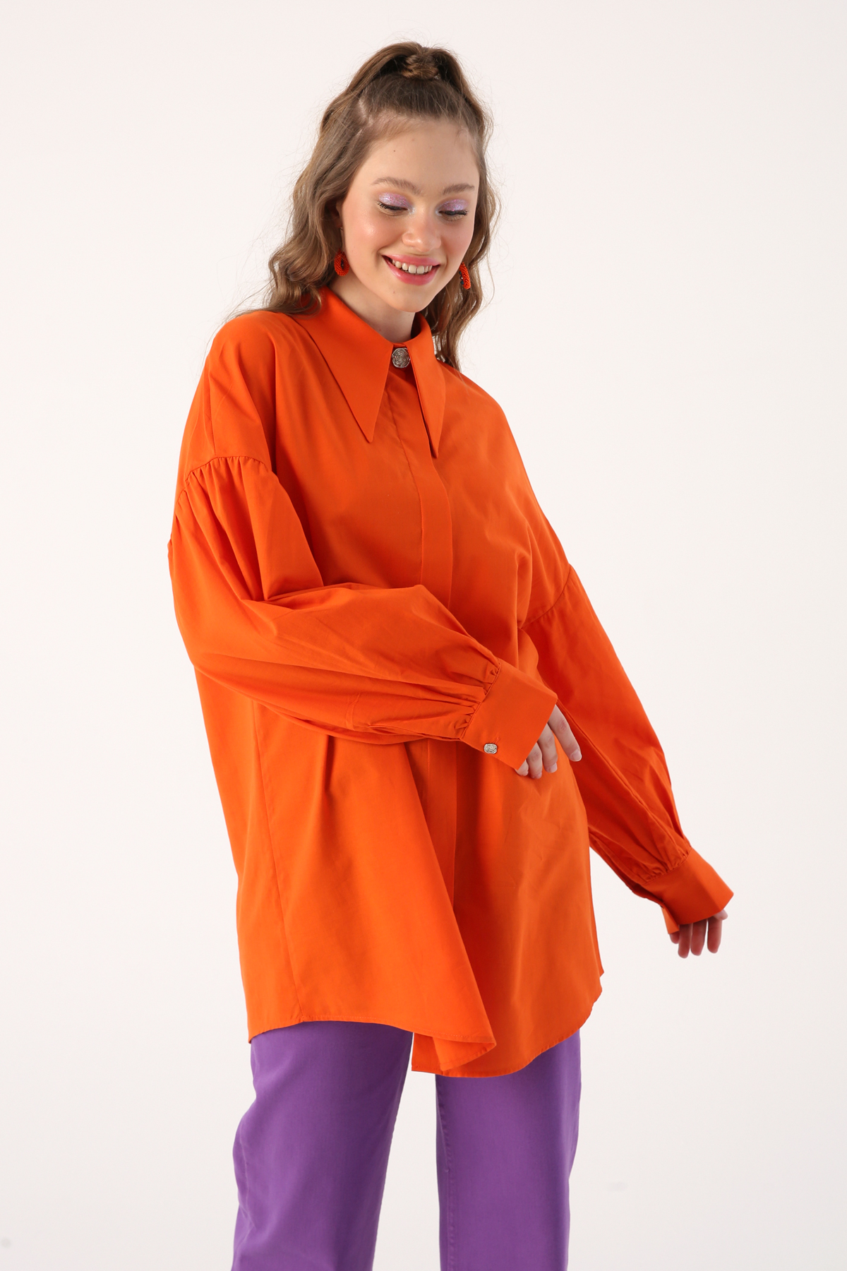 Oversize Pointed Collar Cotton Shirt Tunic