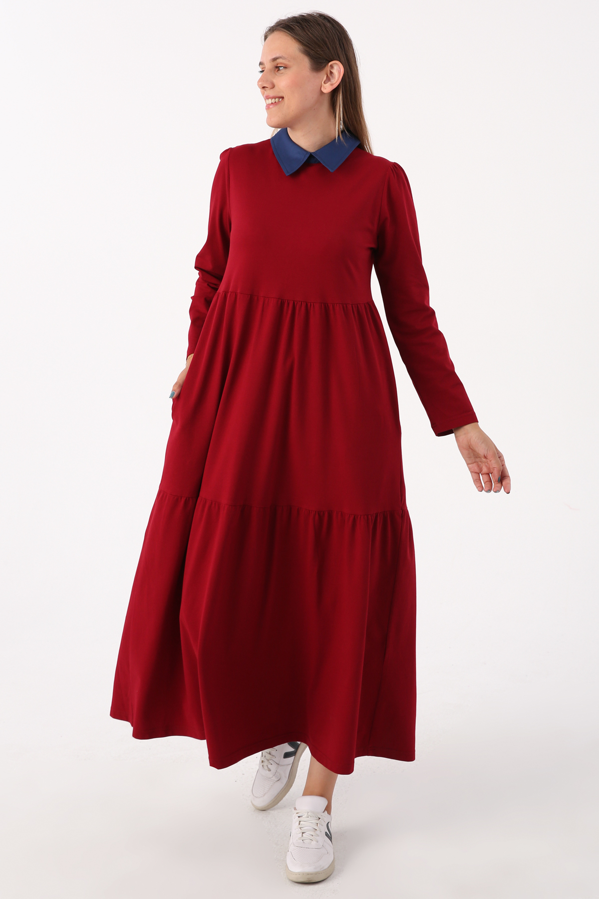 Cotton Shirt Collar Pocket Frilly Knitted Dress