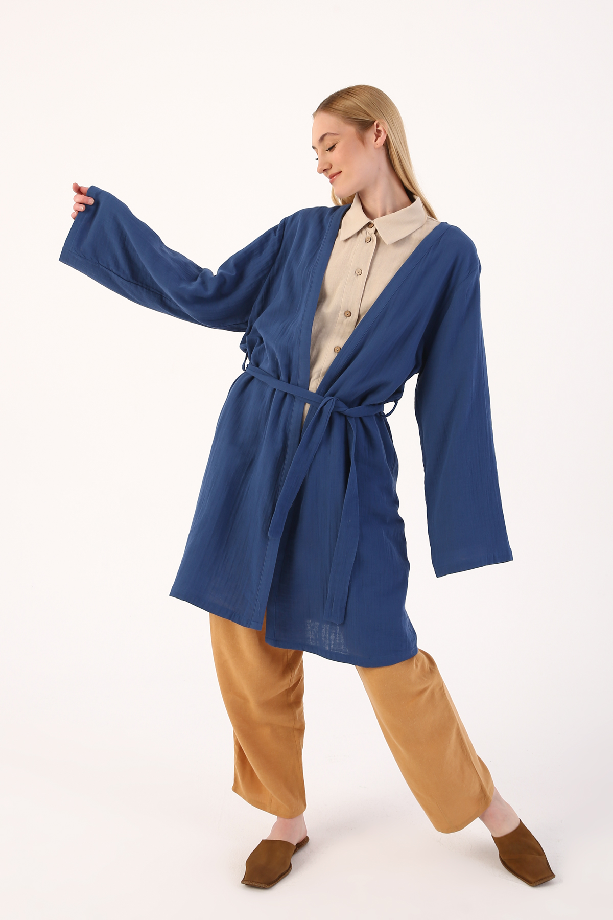 Cotton Self Belted  Long Sleeve Kimono