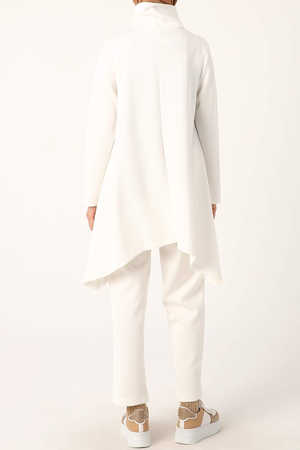 White Stand-away Collar Asymmetric Hem Comfy Blouse and Pants Set Fiyatı