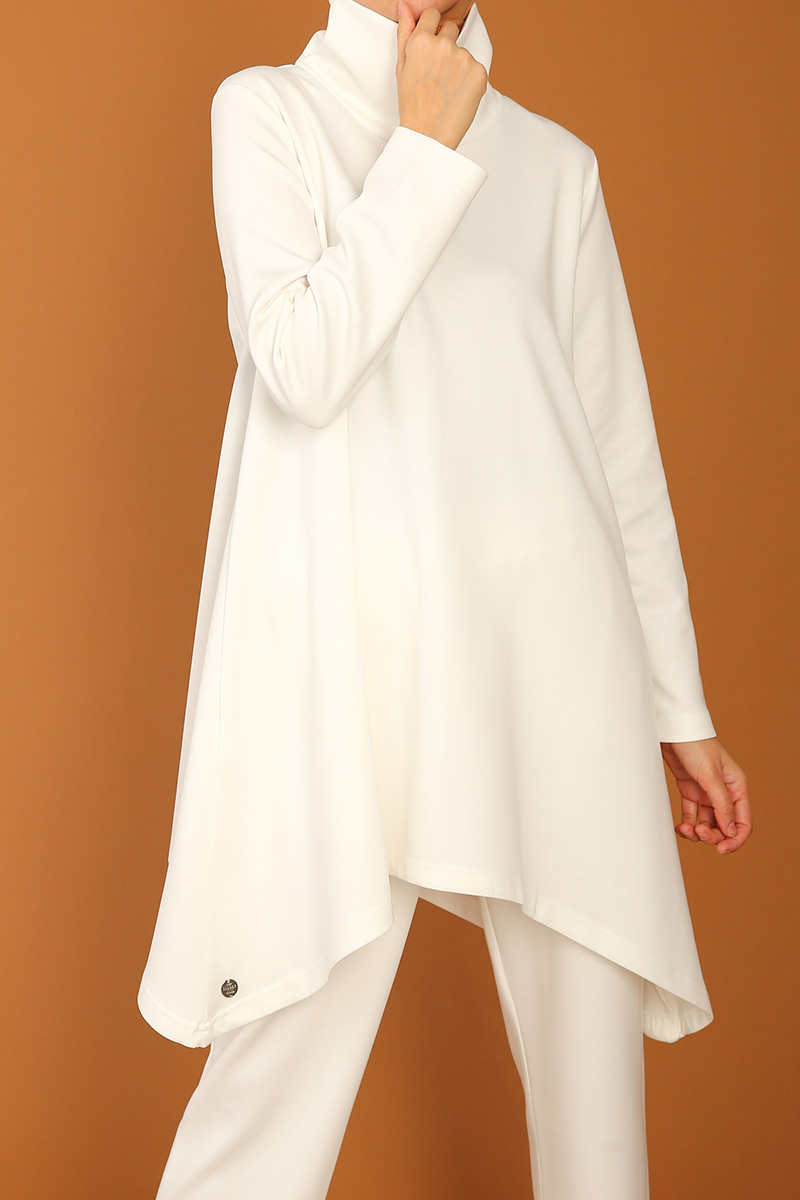 White Stand-away Collar Asymmetric Hem Comfy Blouse and Pants Set Fiyatı