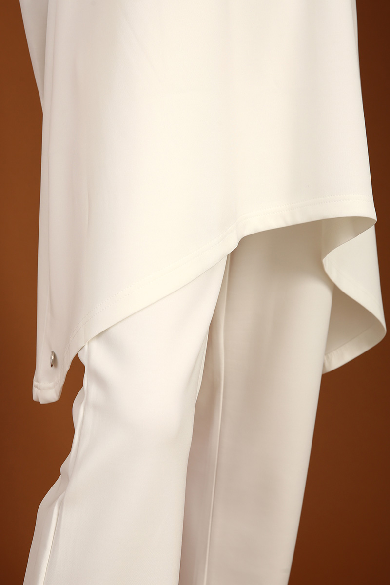 White Stand-away Collar Asymmetric Hem Comfy Blouse and Pants Set Fiyatı