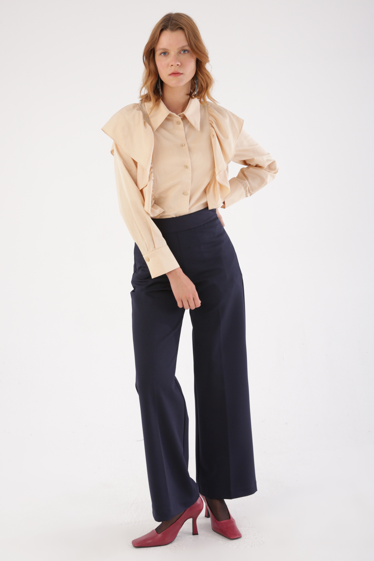 Wide Leg Side Zipper Trousers With Ironing Traces